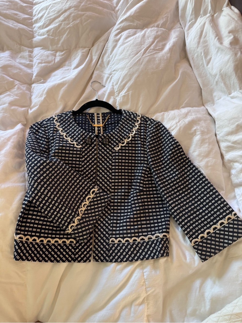 Trina Turk Navy and White Patterned Cropped Blazer with Scallop Trim